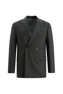 Orta Füme 7 Drop Slim Fit Dar Kesim Kruvaze Çizgili Yün Tak?m Elbise-Abdullah Ki??l?