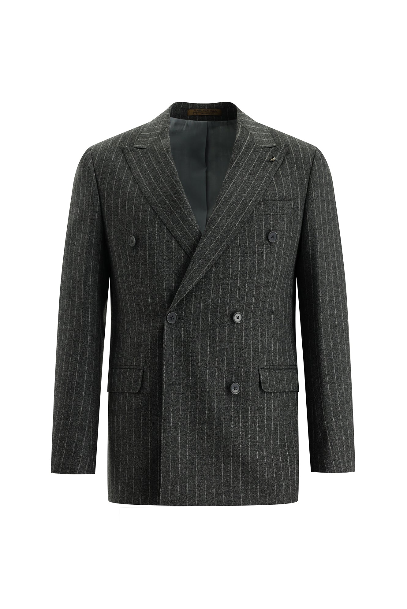 Orta Füme Regular Fit Kruvaze Çizgili Yün Takım Elbise