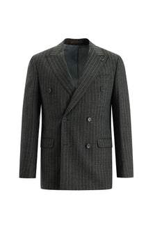 Orta Füme Regular Fit Kruvaze Çizgili Yün Takım Elbise