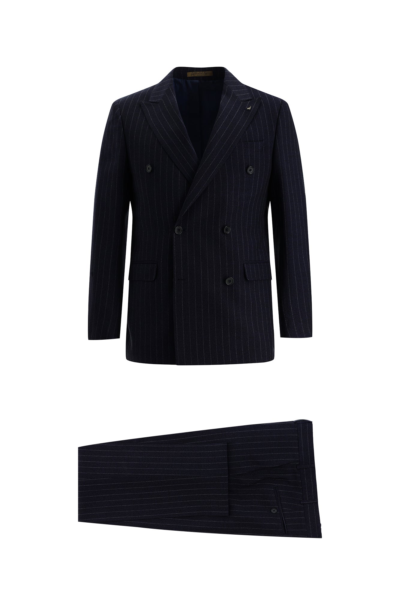 Orta Lacivert 7 Drop Slim Fit Dar Kesim Kruvaze Çizgili Yün Tak?m Elbise-Abdullah Ki??l?