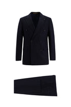 Orta Lacivert 7 Drop Slim Fit Dar Kesim Kruvaze Çizgili Yün Tak?m Elbise-Abdullah Ki??l?
