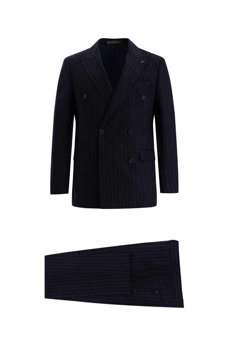 Orta Lacivert 7 Drop Slim Fit Dar Kesim Kruvaze Çizgili Yün Tak?m Elbise-Abdullah Ki??l?