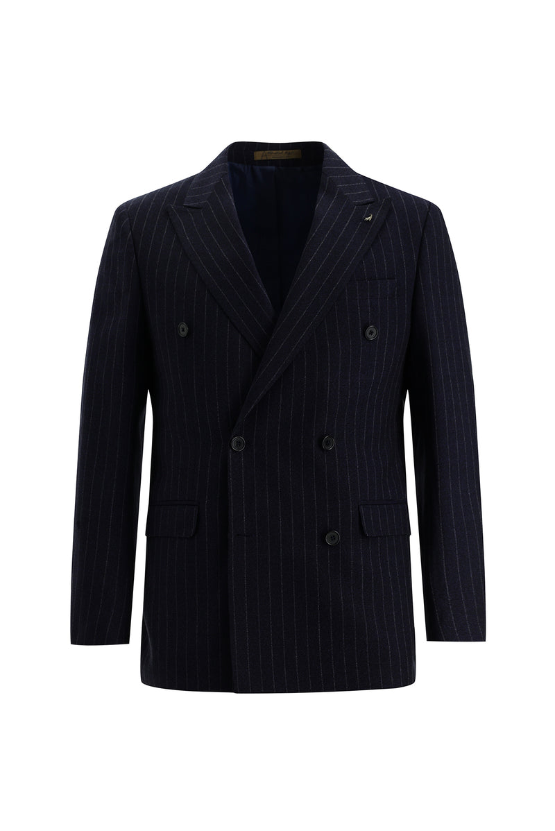 Orta Lacivert Slim Fit Dar Kesim Kruvaze Çizgili Yün Takım Elbise