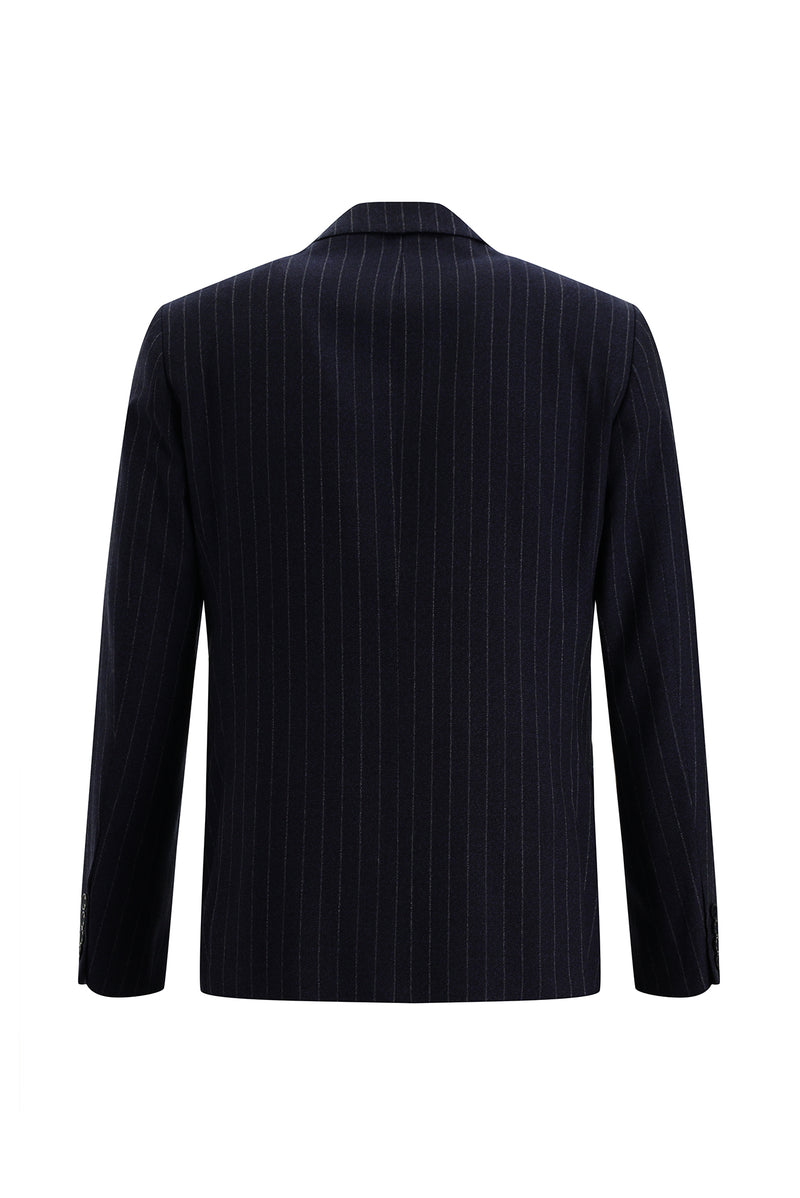 Orta Lacivert Slim Fit Dar Kesim Kruvaze Çizgili Yün Takım Elbise