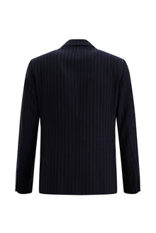 Orta Lacivert 7 Drop Slim Fit Dar Kesim Kruvaze Çizgili Yün Tak?m Elbise-Abdullah Ki??l?
