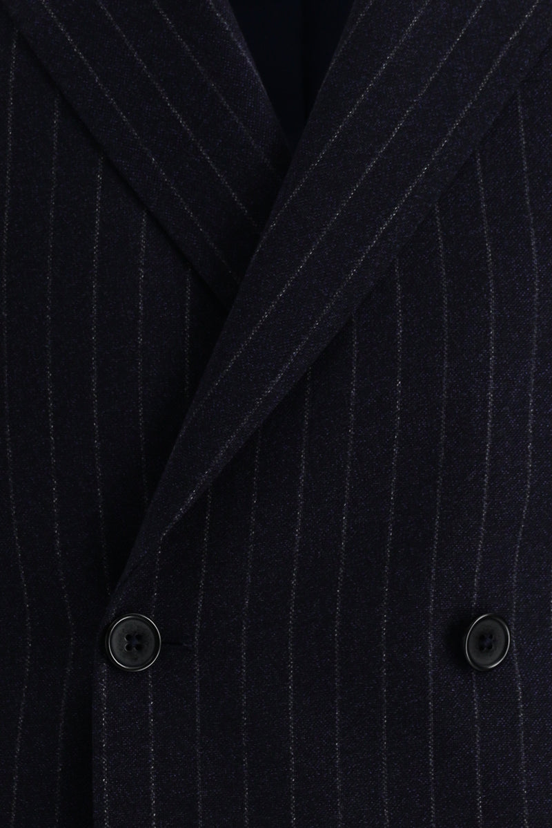 Orta Lacivert Slim Fit Dar Kesim Kruvaze Çizgili Yün Takım Elbise