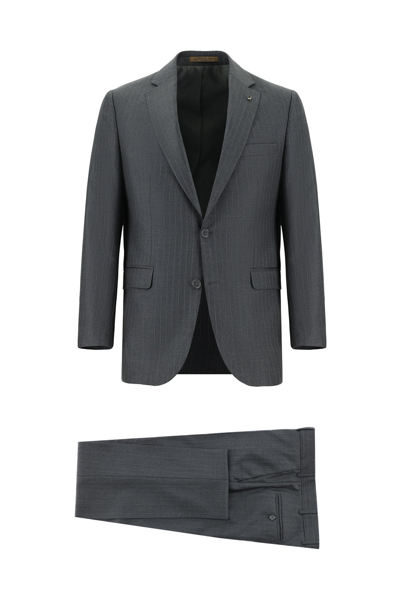 Koyu Füme Slim Fit Dar Kesim İtalyan Çizgili Yün Takım Elbise