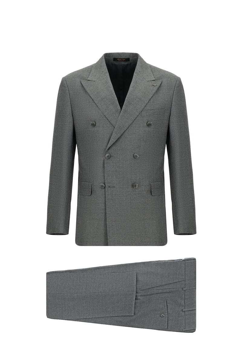 Orta Füme Slim Fit Dar Kesim Çizgili Yün Kruvaze Takım Elbise