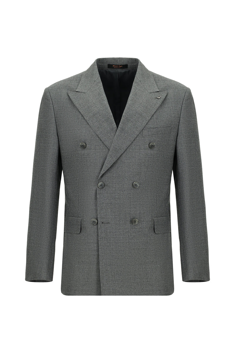 Orta Füme Slim Fit Dar Kesim Çizgili Yün Kruvaze Takım Elbise