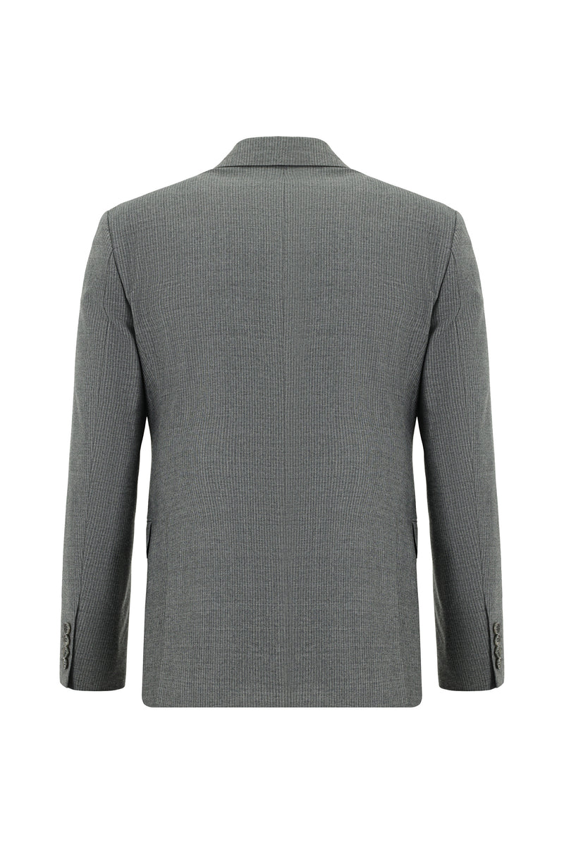 Orta Füme Slim Fit Dar Kesim Çizgili Yün Kruvaze Takım Elbise