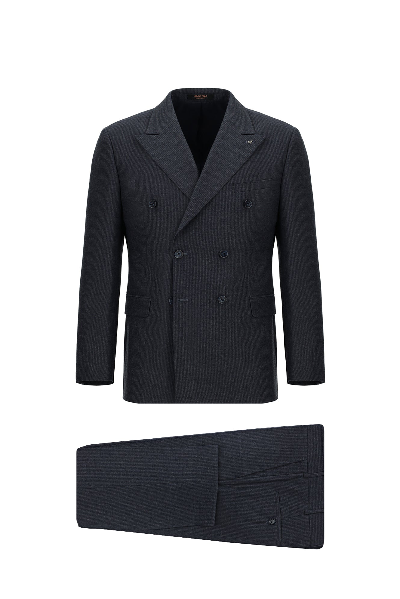 Koyu Lacivert Slim Fit Dar Kesim Çizgili Yün Kruvaze Takım Elbise
