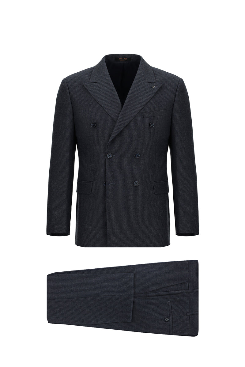Koyu Lacivert Slim Fit Dar Kesim Çizgili Yün Kruvaze Takım Elbise