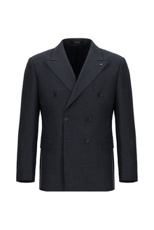 Koyu Lacivert Slim Fit Dar Kesim Çizgili Yün Kruvaze Takım Elbise