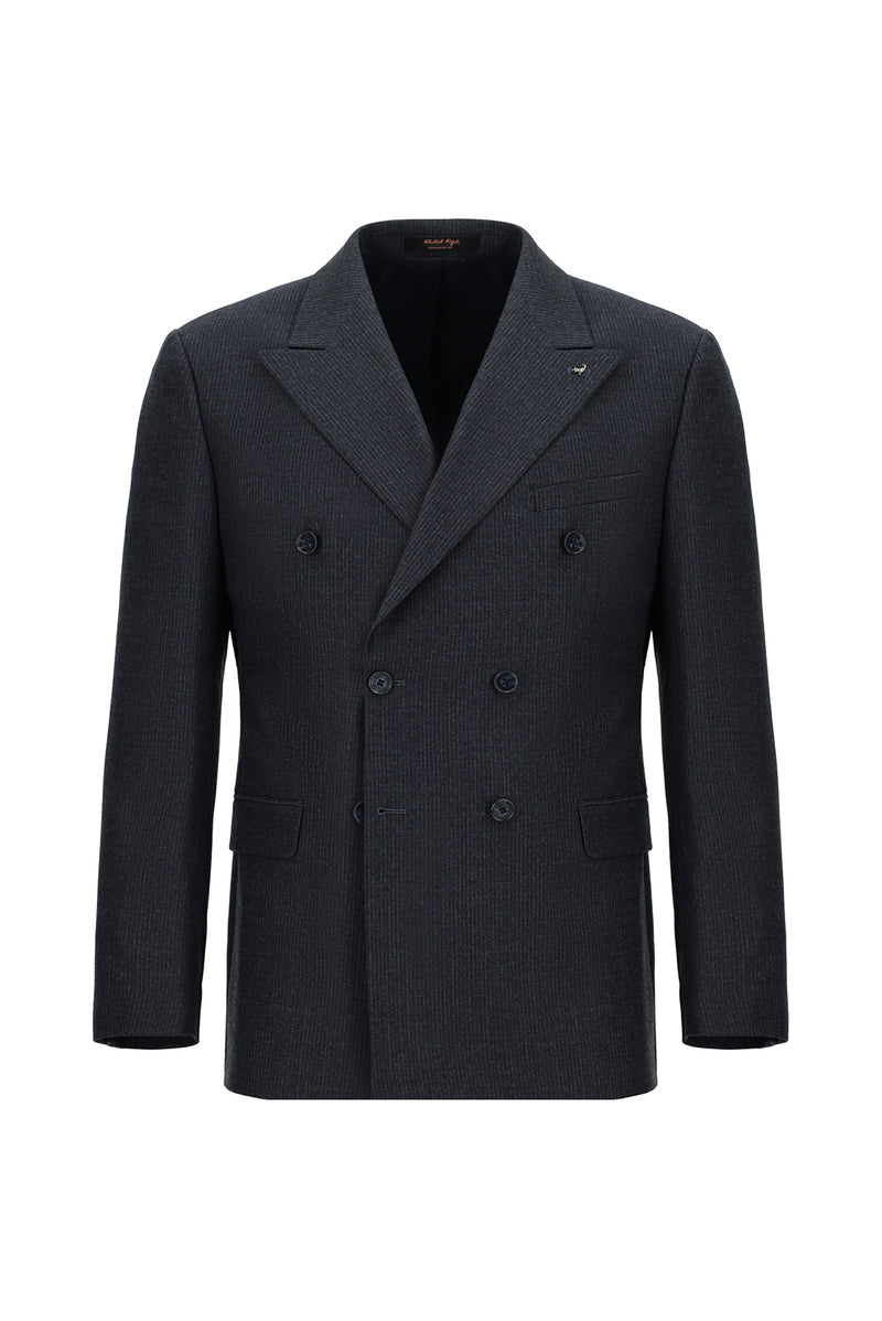 Koyu Lacivert Slim Fit Dar Kesim Çizgili Yün Kruvaze Takım Elbise