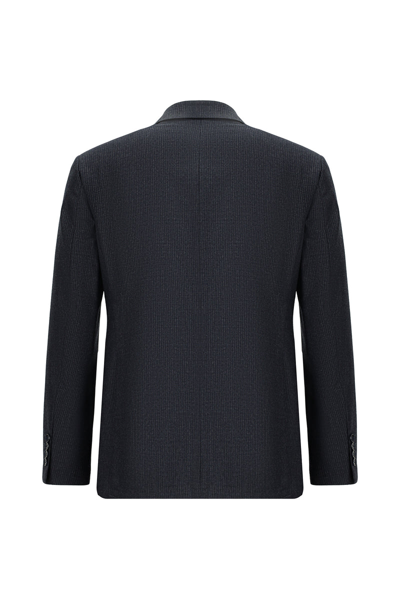 Koyu Lacivert Slim Fit Dar Kesim Çizgili Yün Kruvaze Takım Elbise