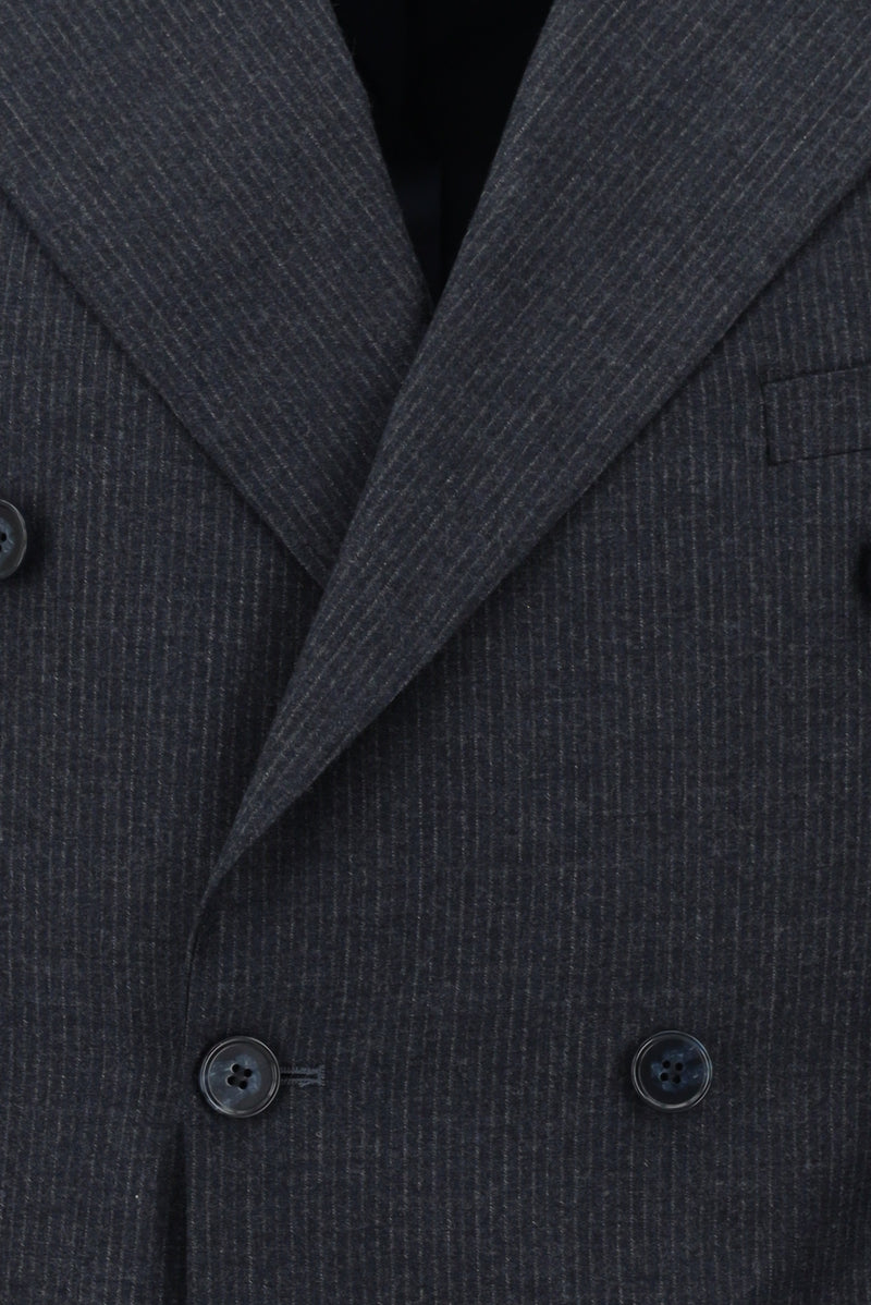 Koyu Lacivert Slim Fit Dar Kesim Çizgili Yün Kruvaze Takım Elbise