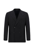 Siyah Lacivert Regular Fit Çizgili Yün Kruvaze Takım Elbise