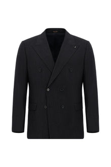 Siyah Lacivert Regular Fit Çizgili Yün Kruvaze Takım Elbise