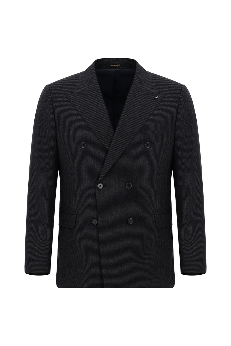 Siyah Lacivert Regular Fit Çizgili Yün Kruvaze Takım Elbise