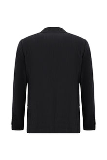 Siyah Lacivert Regular Fit Çizgili Yün Kruvaze Takım Elbise