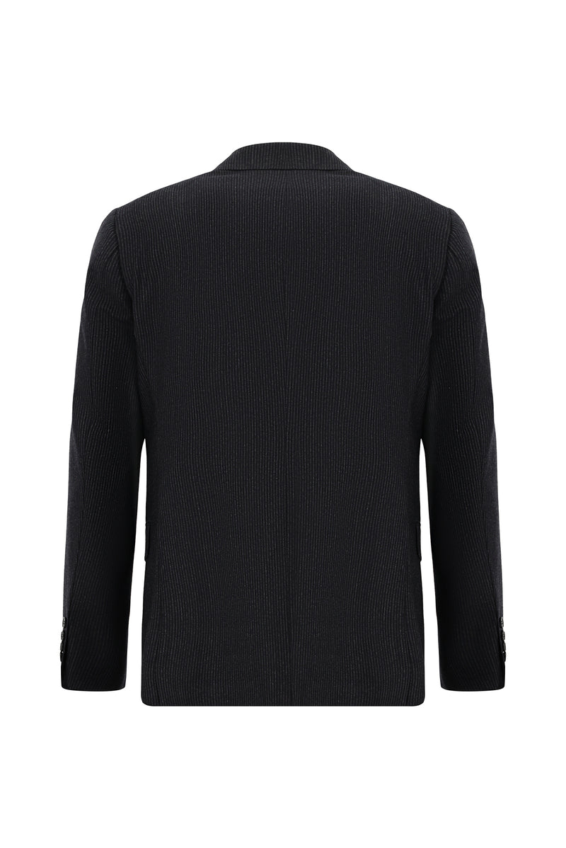 Siyah Lacivert Regular Fit Çizgili Yün Kruvaze Takım Elbise