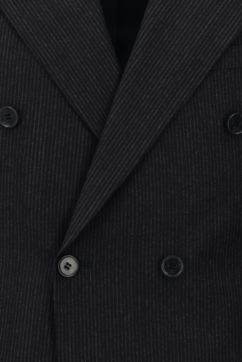 Siyah Lacivert Regular Fit Çizgili Yün Kruvaze Takım Elbise