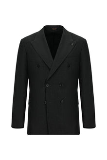 Koyu Antrasit Slim Fit Dar Kesim Çizgili Yün Kruvaze Takım Elbise