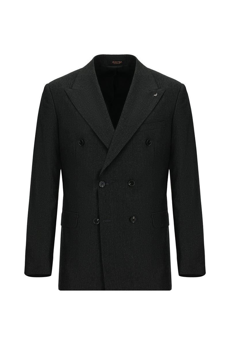 Koyu Antrasit Slim Fit Dar Kesim Çizgili Yün Kruvaze Takım Elbise