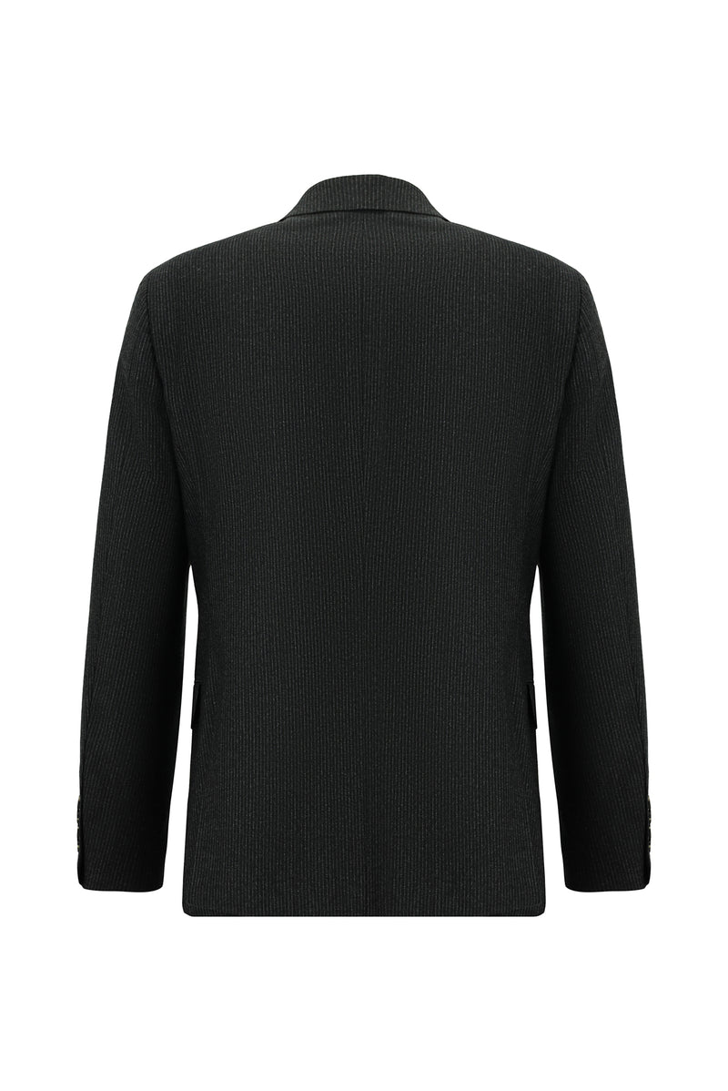 Koyu Antrasit Slim Fit Dar Kesim Çizgili Yün Kruvaze Takım Elbise