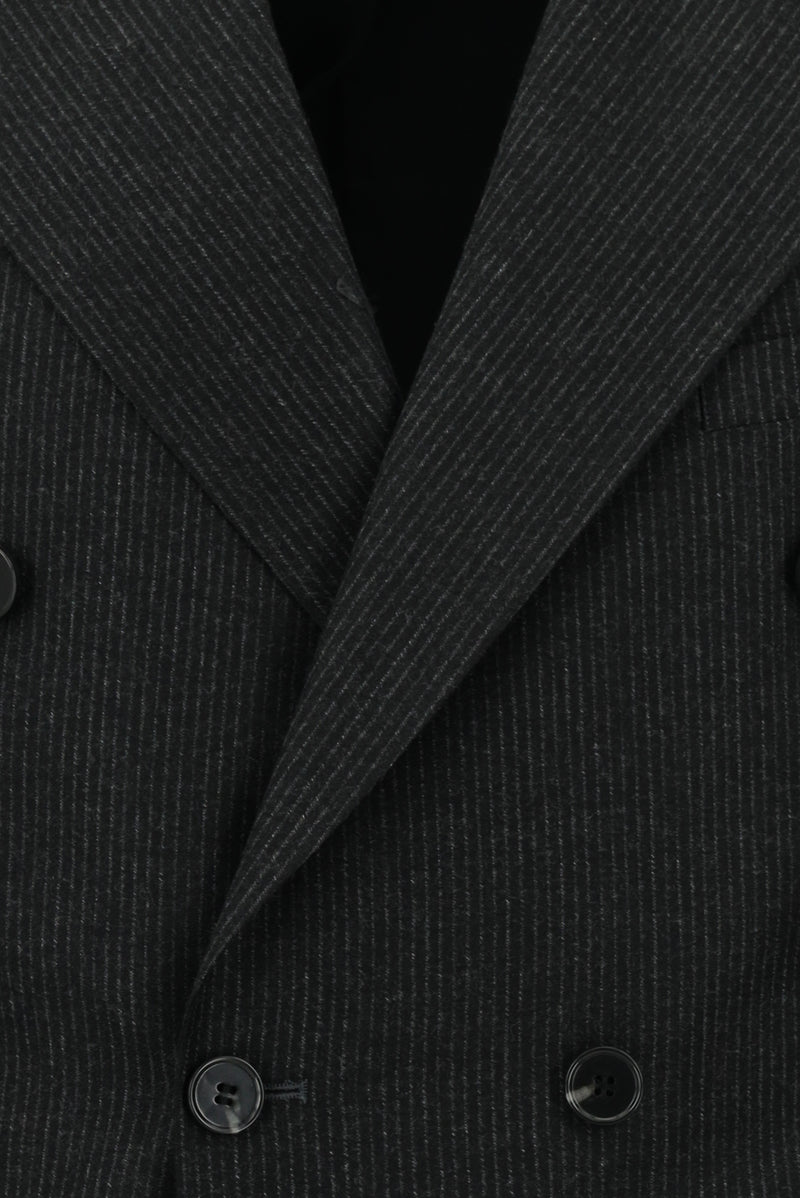 Koyu Antrasit Slim Fit Dar Kesim Çizgili Yün Kruvaze Takım Elbise