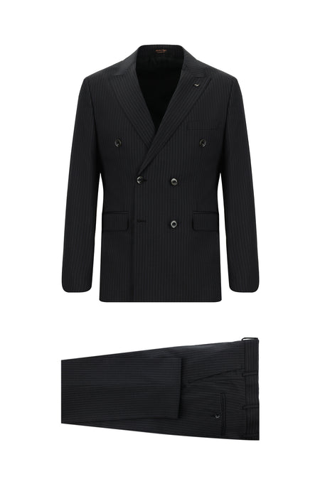 Koyu Antrasit Slim Fit Dar Kesim Çizgili Kaşmirli Kruvaze Takım Elbise