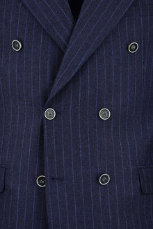 Orta Lacivert Regular Fit Yünlü Çizgili Kruvaze Takım Elbise