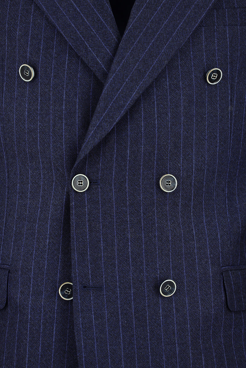 Orta Lacivert Regular Fit Yünlü Çizgili Kruvaze Takım Elbise