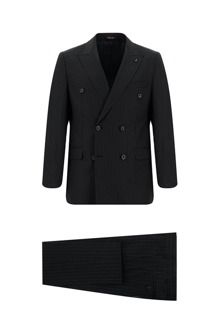 Siyah Slim Fit Dar Kesim Keten Çizgili Kruvaze Takım Elbise
