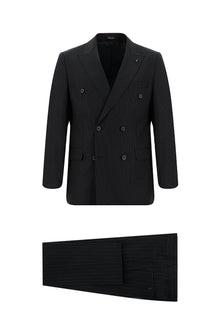 Siyah Super Slim Fit Ekstra Dar Kesim Keten Çizgili Kruvaze Takım Elbise