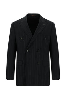 Siyah 7 Drop Slim Fit Dar Kesim Keten Çizgili Kruvaze Tak?m Elbise-Abdullah Ki??l?