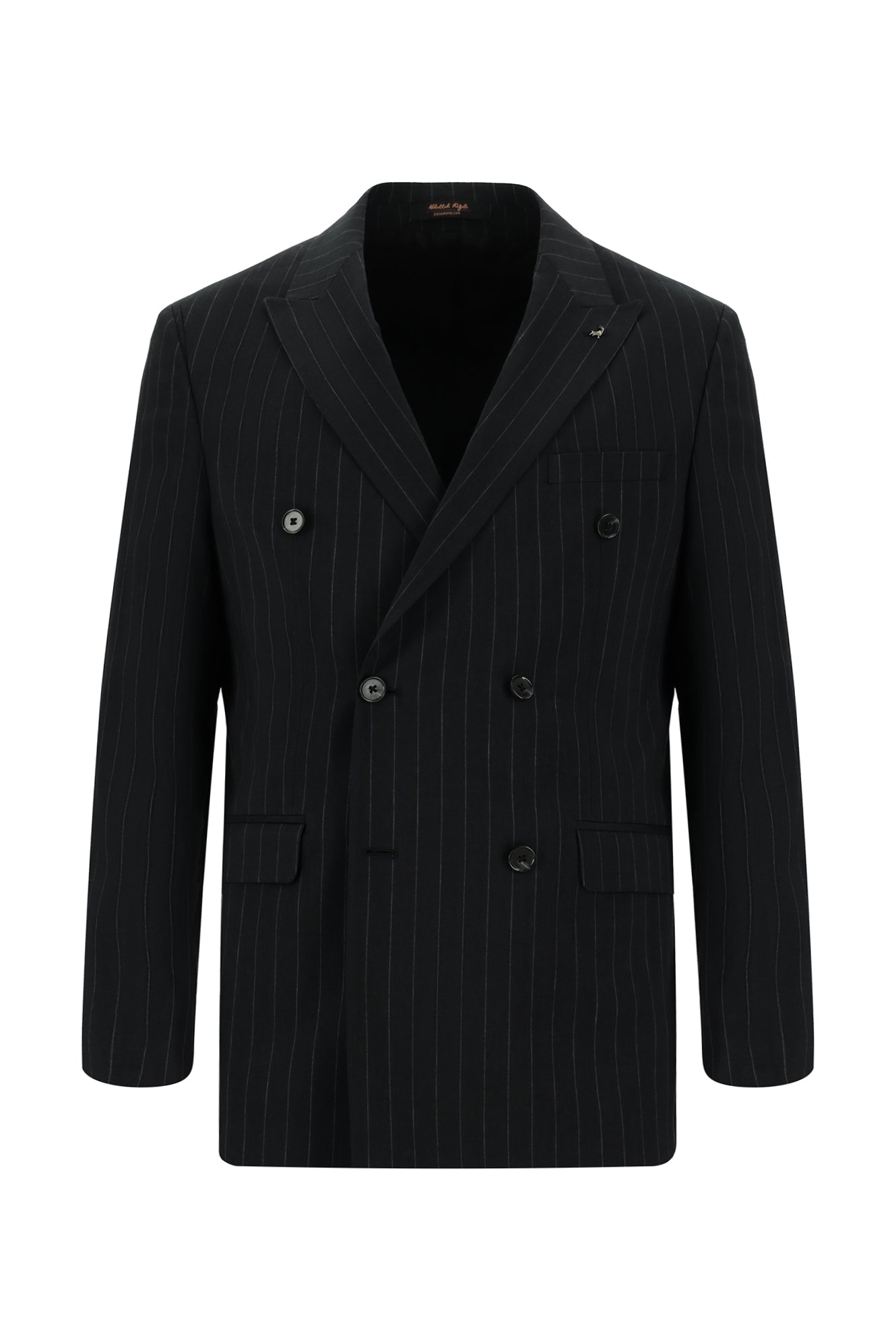 Siyah Slim Fit Dar Kesim Keten Çizgili Kruvaze Takım Elbise