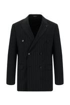 Siyah Slim Fit Dar Kesim Keten Çizgili Kruvaze Takım Elbise