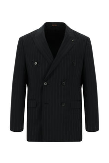 Siyah Slim Fit Dar Kesim Keten Çizgili Kruvaze Takım Elbise