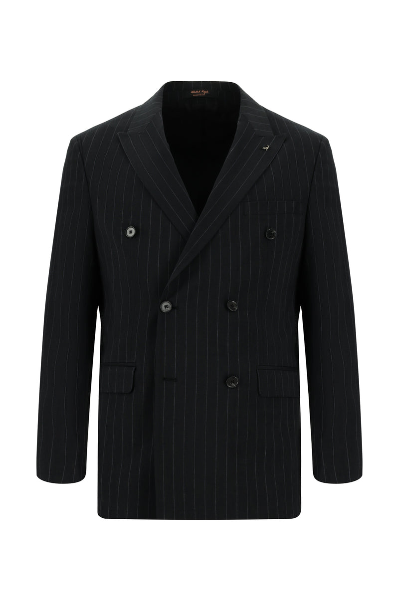 Siyah Slim Fit Dar Kesim Keten Çizgili Kruvaze Takım Elbise