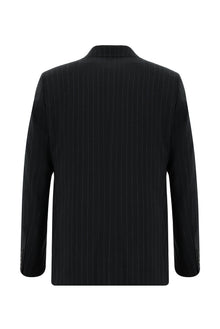 Siyah Slim Fit Dar Kesim Keten Çizgili Kruvaze Takım Elbise