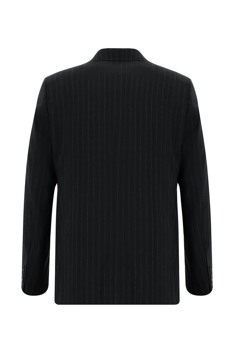 Siyah Slim Fit Dar Kesim Keten Çizgili Kruvaze Takım Elbise