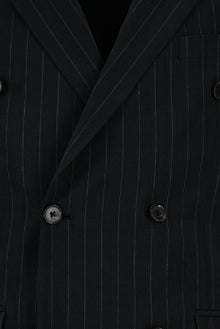 Siyah Slim Fit Dar Kesim Keten Çizgili Kruvaze Takım Elbise
