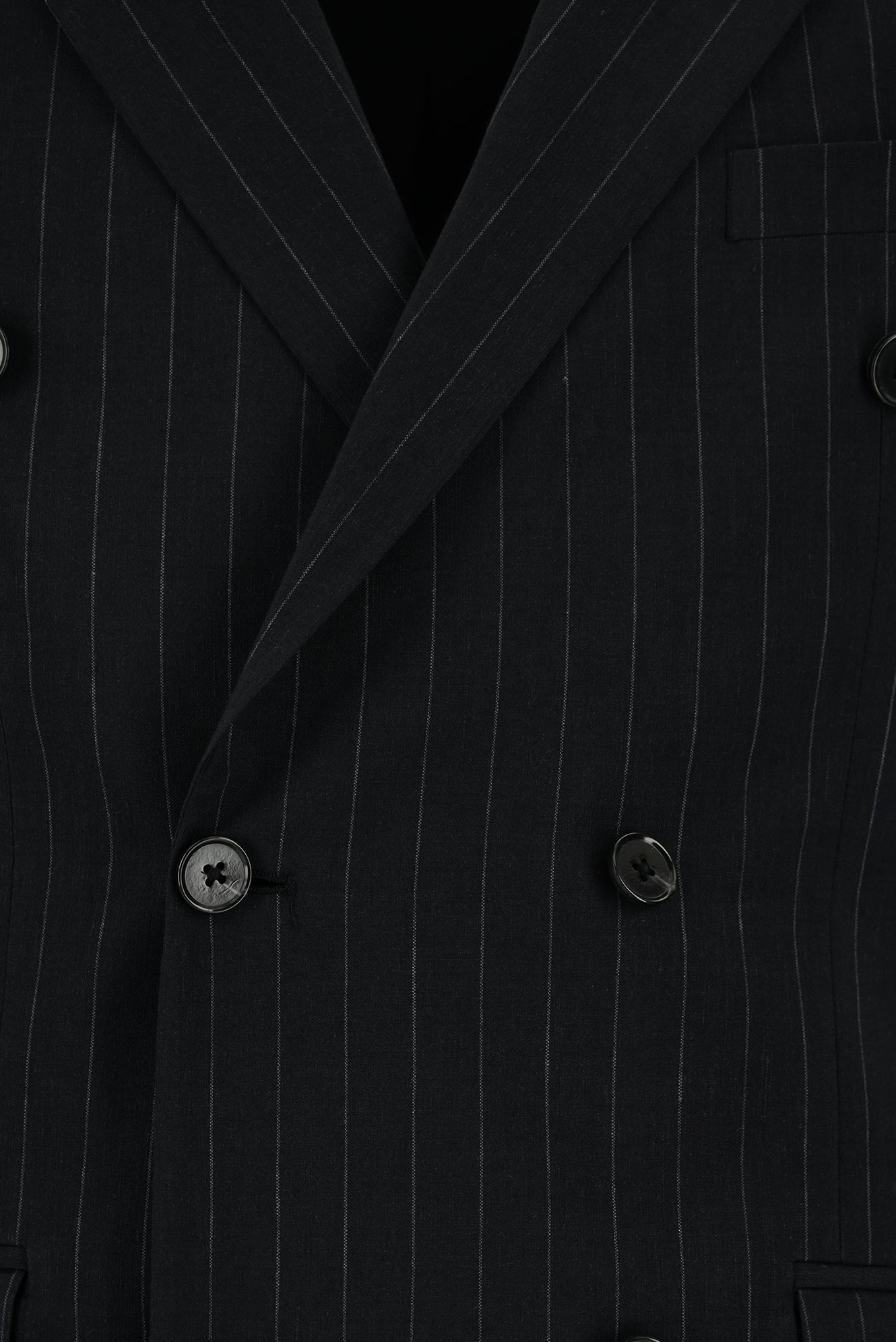 Siyah Slim Fit Dar Kesim Keten Çizgili Kruvaze Takım Elbise