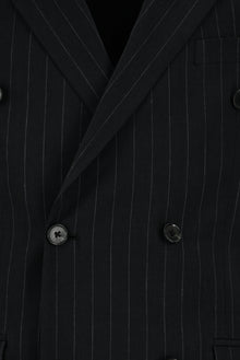 Siyah Slim Fit Dar Kesim Keten Çizgili Kruvaze Takım Elbise