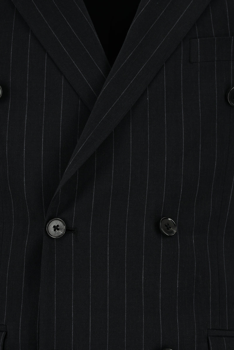 Siyah Slim Fit Dar Kesim Keten Çizgili Kruvaze Takım Elbise