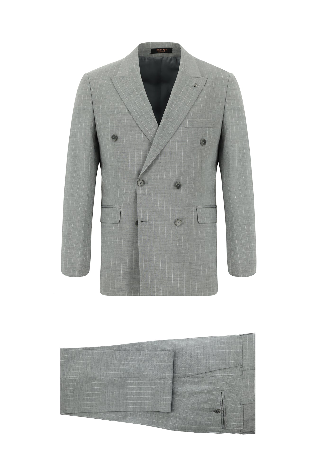 Orta Gri Slim Fit Dar Kesim Keten Çizgili Kruvaze Takım Elbise