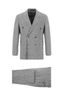 Orta Gri Slim Fit Dar Kesim Keten Çizgili Kruvaze Takım Elbise