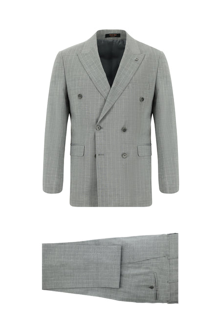 Orta Gri Slim Fit Dar Kesim Keten Çizgili Kruvaze Takım Elbise