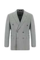 Orta Gri Regular Fit Keten Çizgili Kruvaze Takım Elbise